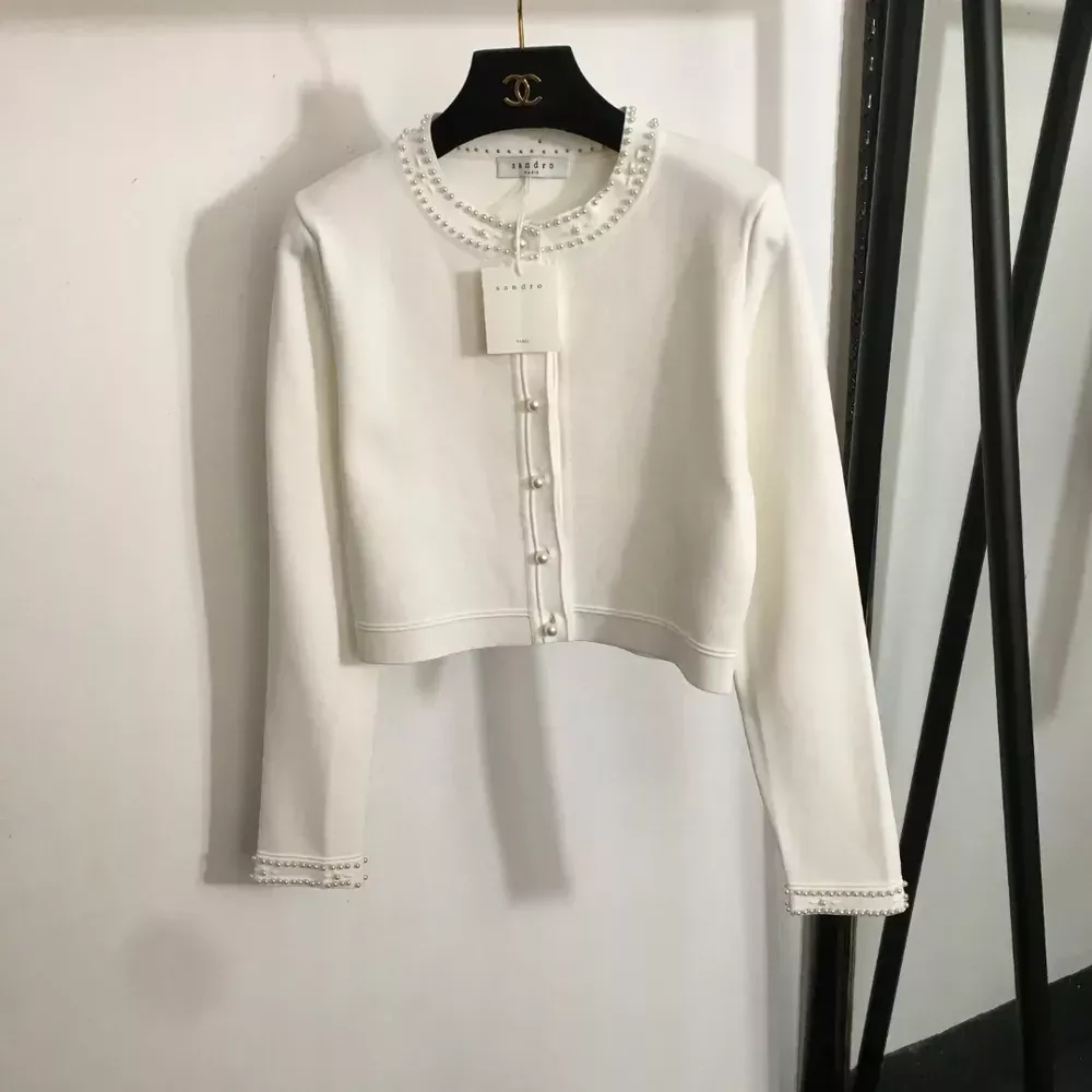 산드로 진주 버튼 원형넥 여성용 긴소매 가디건