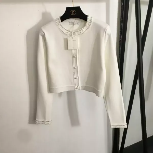 산드로 진주 버튼 원형넥 여성용 긴소매 가디건