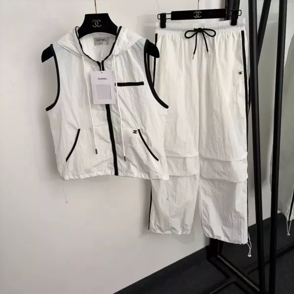 샤넬 배색 후드 조끼 여성용 상하의 세트