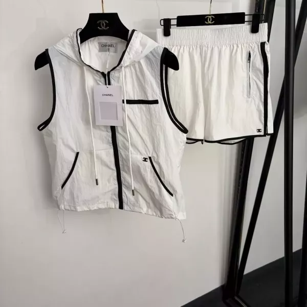 샤넬 배색 후드 베스트 여성용 상하의 세트