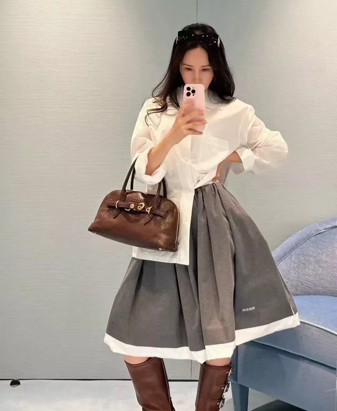 미우미우 자수 레터링 셔츠 재킷 여성용 긴소매 셔츠 상세 이미지 25