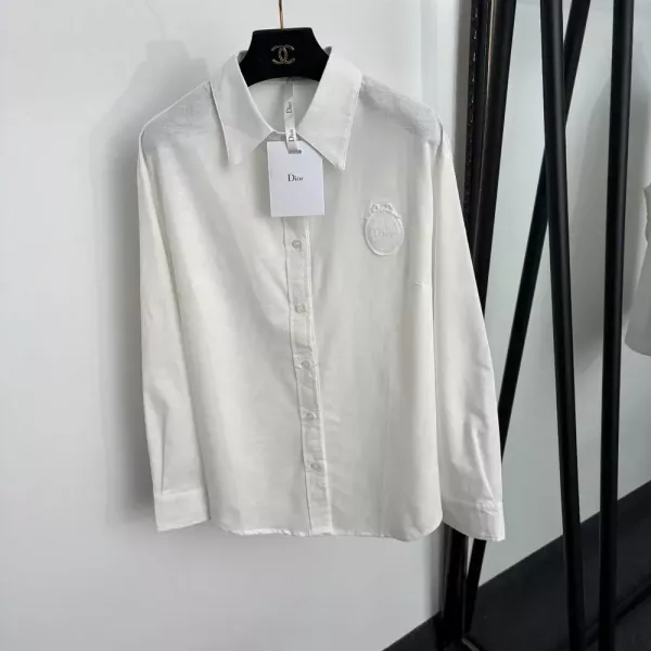 디올 리넨 리본 자수 장식 여성용 긴소매 셔츠