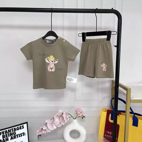 버버리 곰돌이 프린트 유아용 상하의 세트