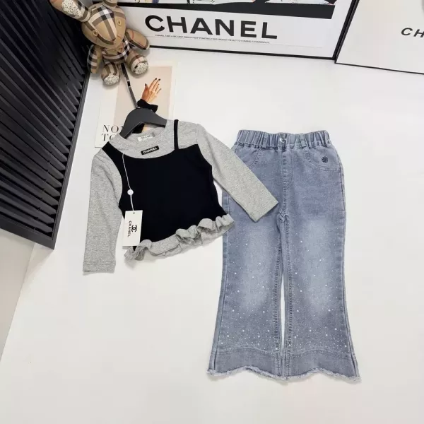 샤넬 순면 배색 데님 아동용 상하의 세트