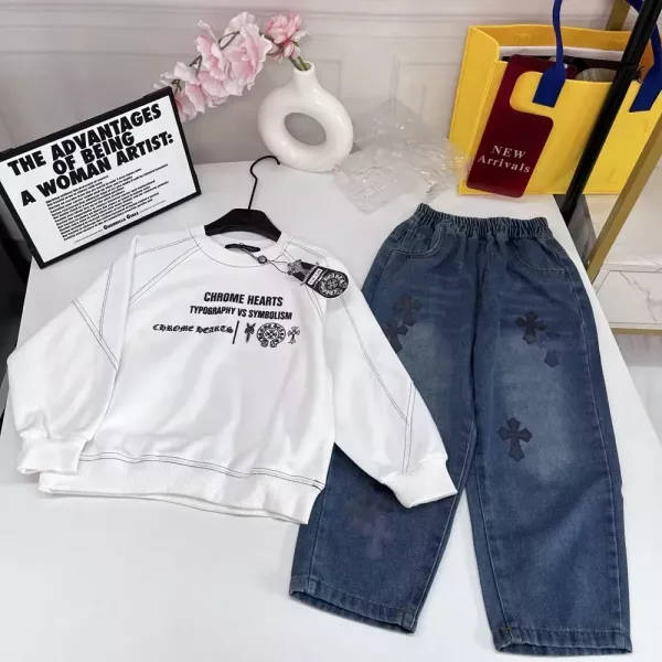 크롬하츠 십자가 프린트 데님 아동용 상하의 세트