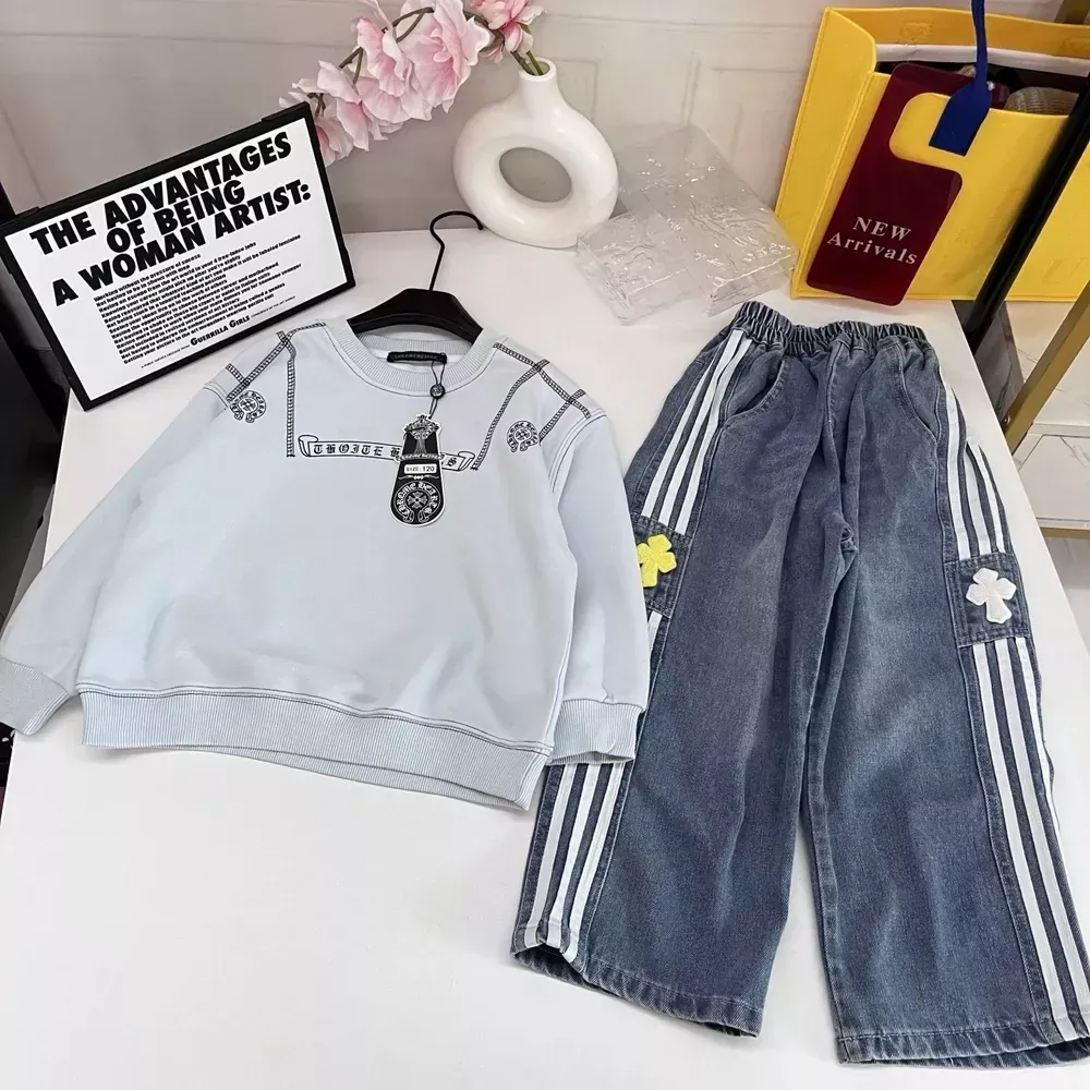 크롬하츠 크로스 프린트 데님 아동용 상하의 세트