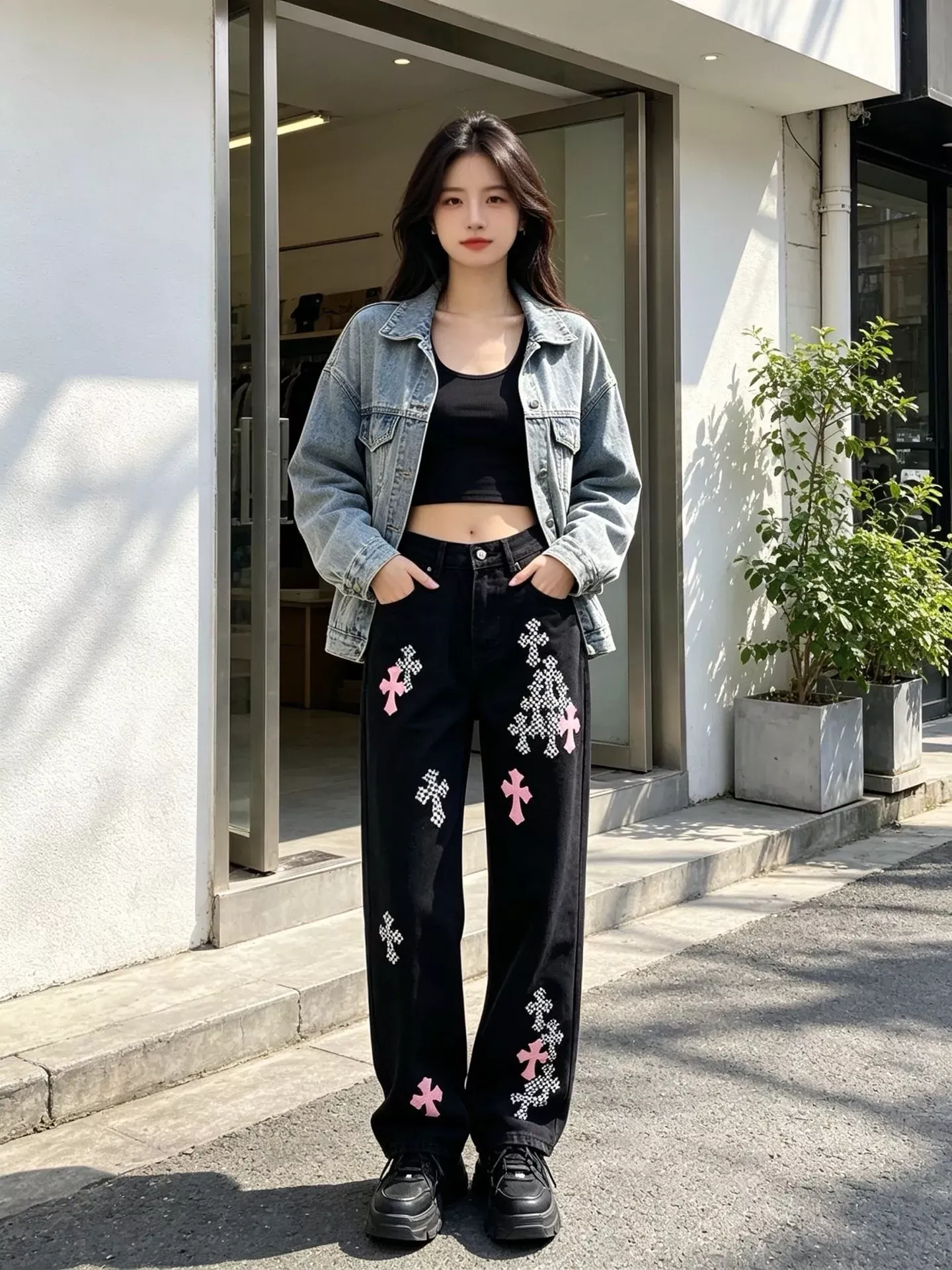 크롬하츠 십자가 패치 자수 워싱 남녀공용 데님 팬츠 상세 이미지 15