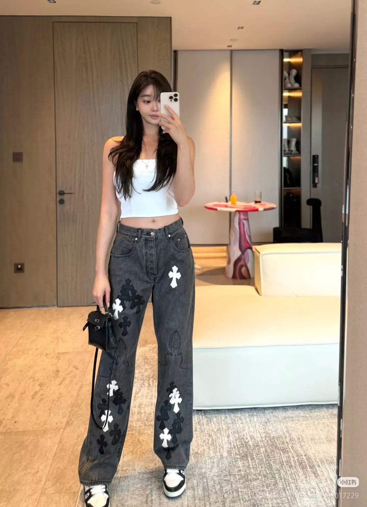 크롬하츠 화염 패치워크 가죽 남녀공용 데님 팬츠 상세 이미지 18