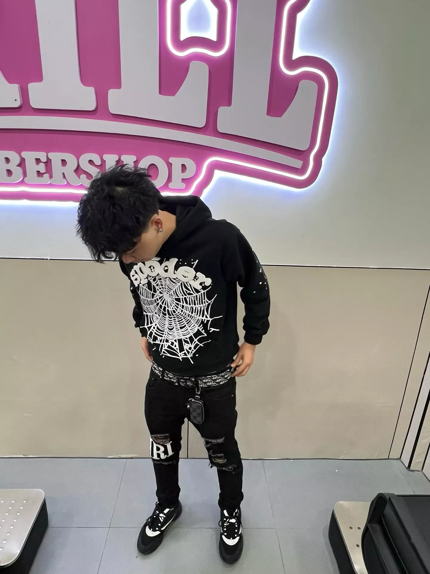 스파이더 거미줄 프린트 기모 남녀공용 후드 티셔츠 상세 이미지 17