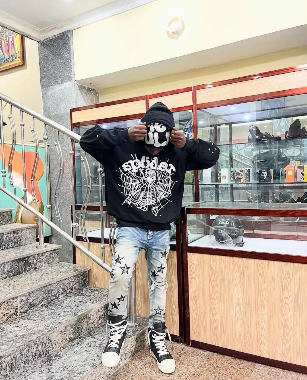 스파이더 거미줄 프린트 기모 남녀공용 후드 티셔츠 상세 이미지 19
