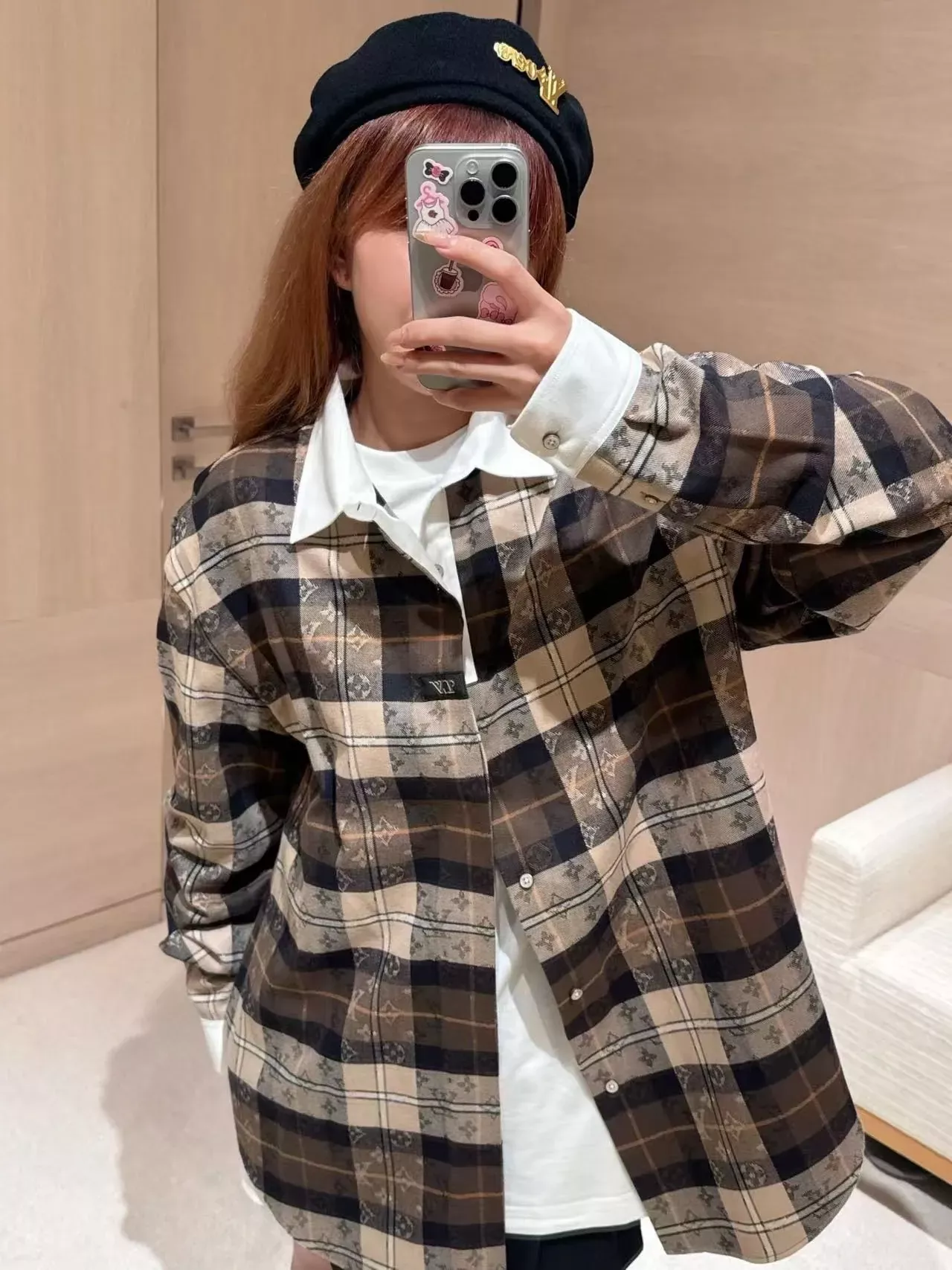 루이비통 배색 칼라 자카드 긴소매 남녀공용 긴소매 셔츠 상세 이미지 13