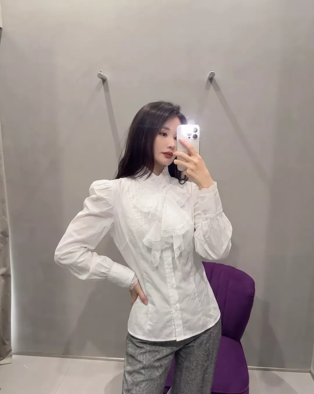 에르마노설비노 레이스 프릴 카라 여성용 긴소매 블라우스 상세 이미지 13
