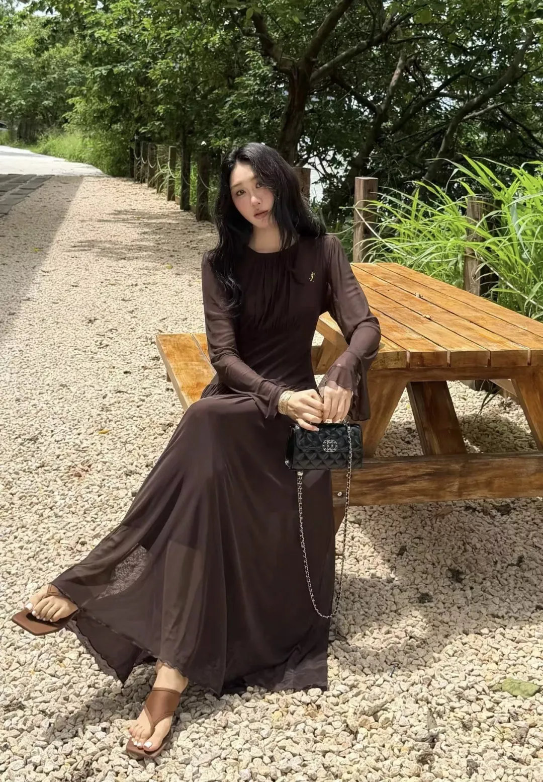 입생로랑 망사 플리츠 롱 여성용 원피스 상세 이미지 10