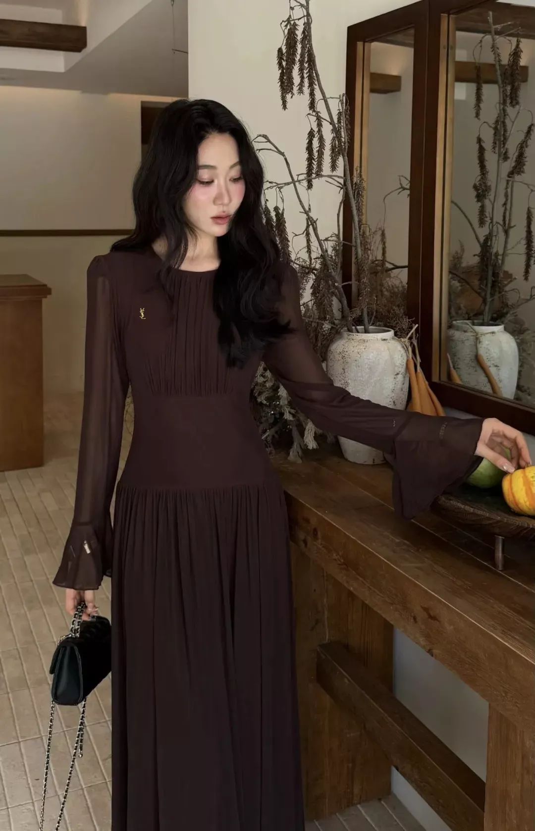 입생로랑 망사 플리츠 롱 여성용 원피스 상세 이미지 13