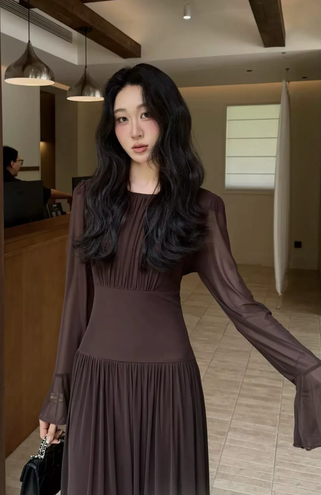 입생로랑 망사 플리츠 롱 여성용 원피스 상세 이미지 16