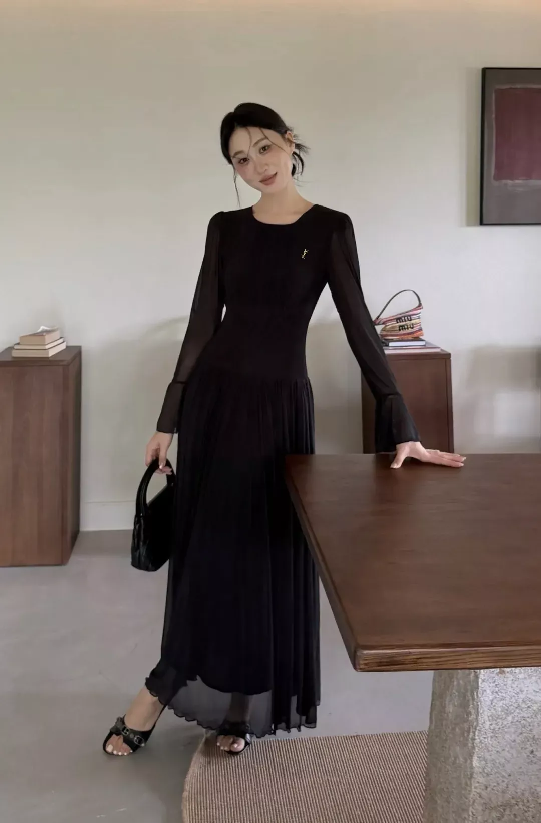 입생로랑 망사 플리츠 롱 여성용 원피스 상세 이미지 32