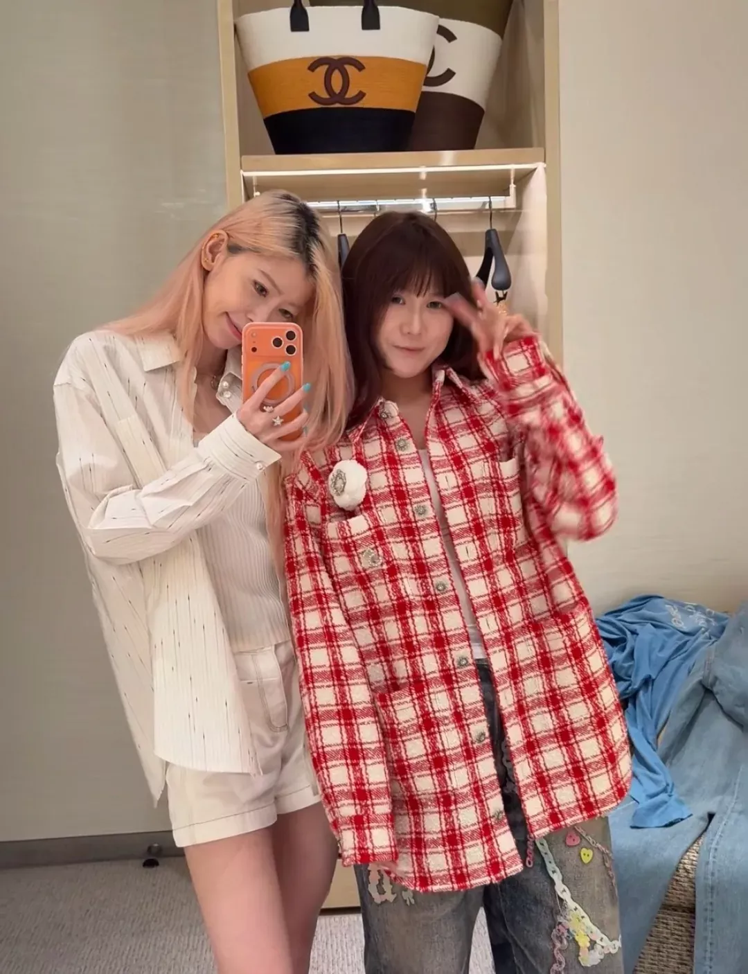 샤넬 레드 체크 울 블렌드 여성용 긴소매 셔츠 상세 이미지 22