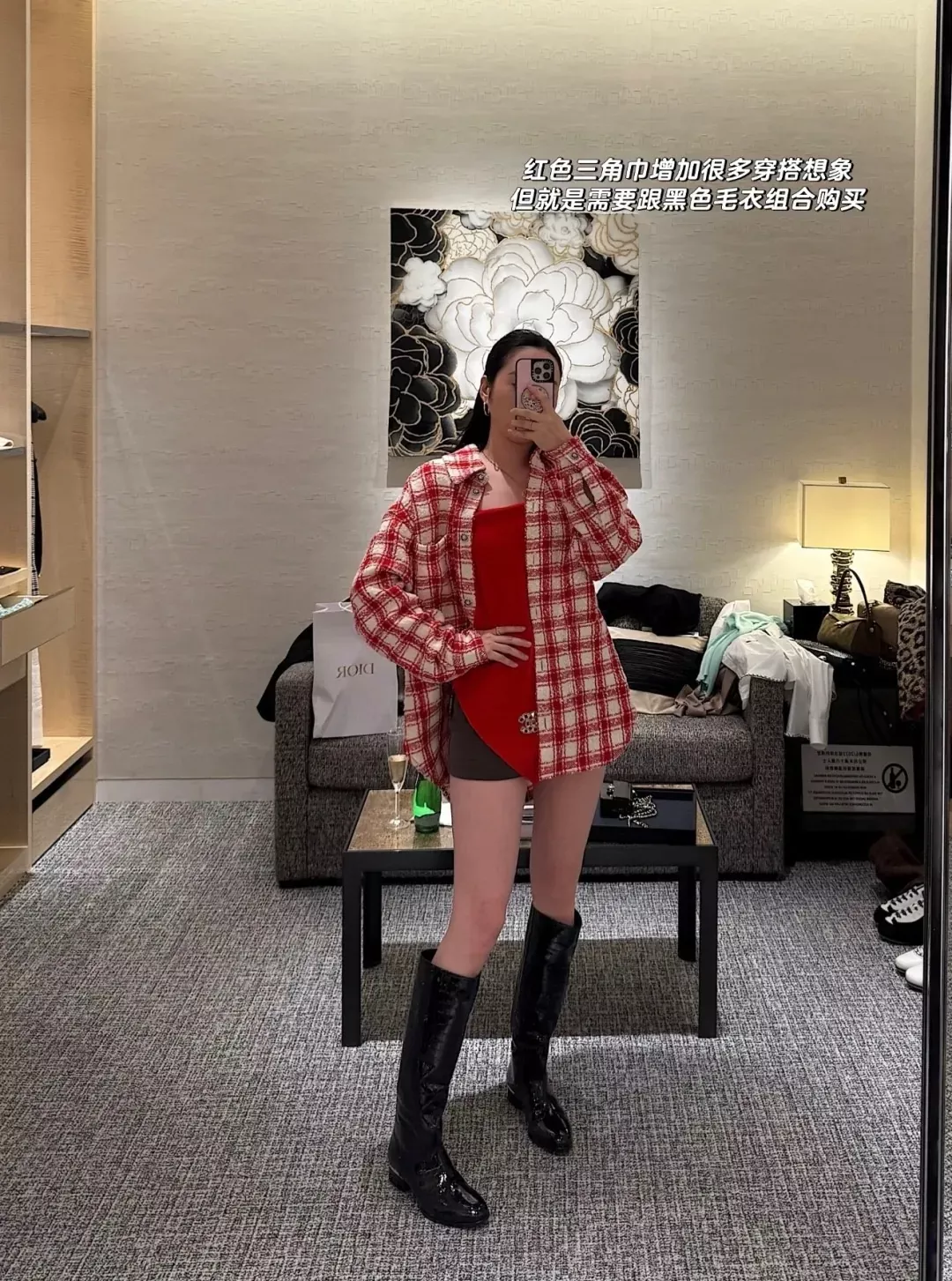 샤넬 레드 체크 울 블렌드 여성용 긴소매 셔츠 상세 이미지 24