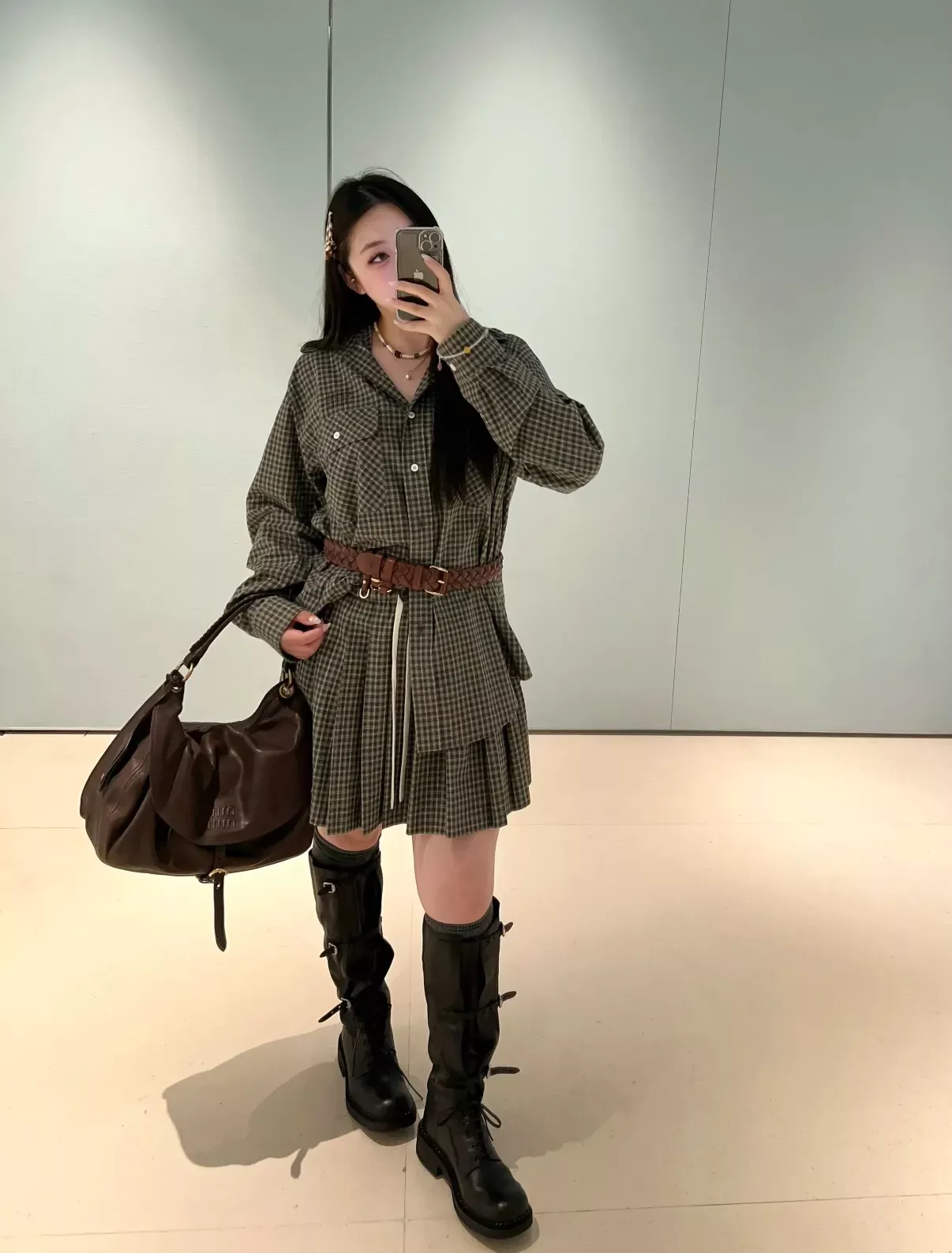 미우미우 체크 자수 후드 여성용 원피스 상세 이미지 18