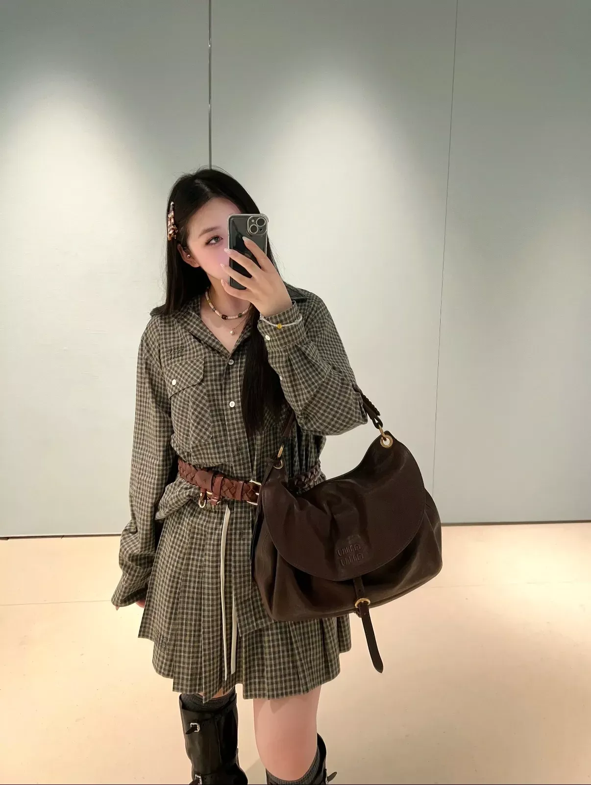 미우미우 체크 자수 후드 여성용 원피스 상세 이미지 19