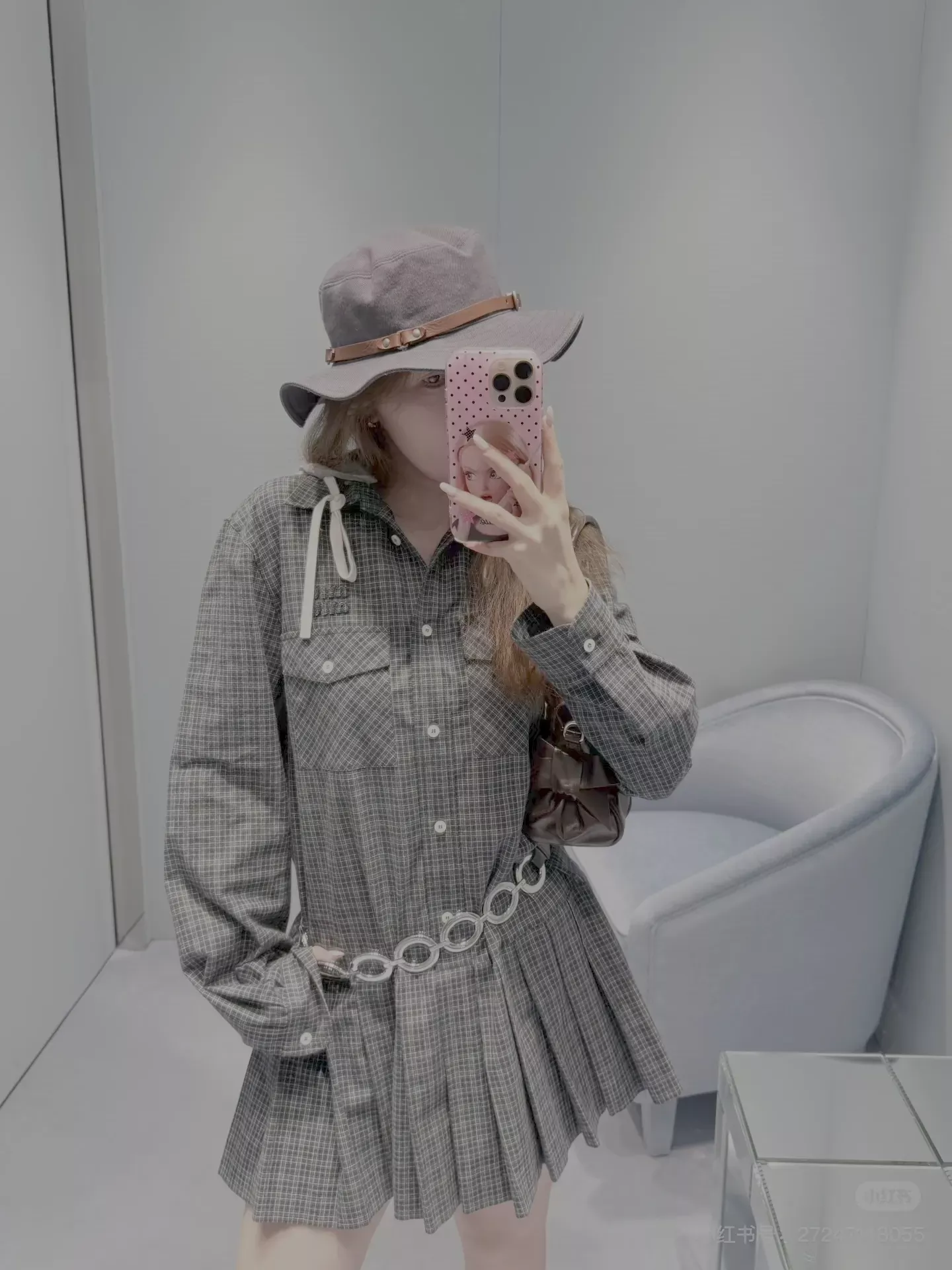 미우미우 체크 자수 후드 여성용 원피스 상세 이미지 22
