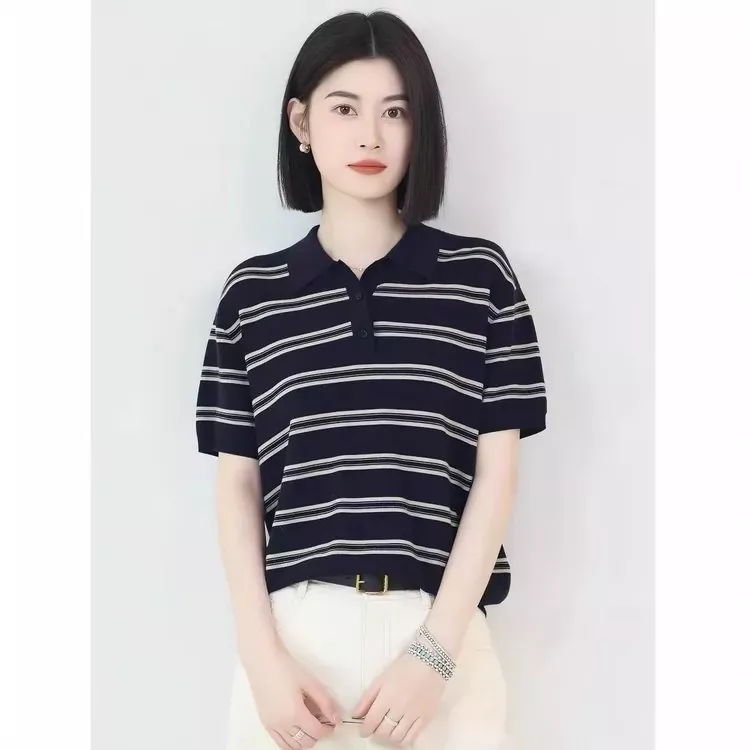 아이시클 스트라이프 울 혼방 여성용 반소매 니트 상세 이미지 26