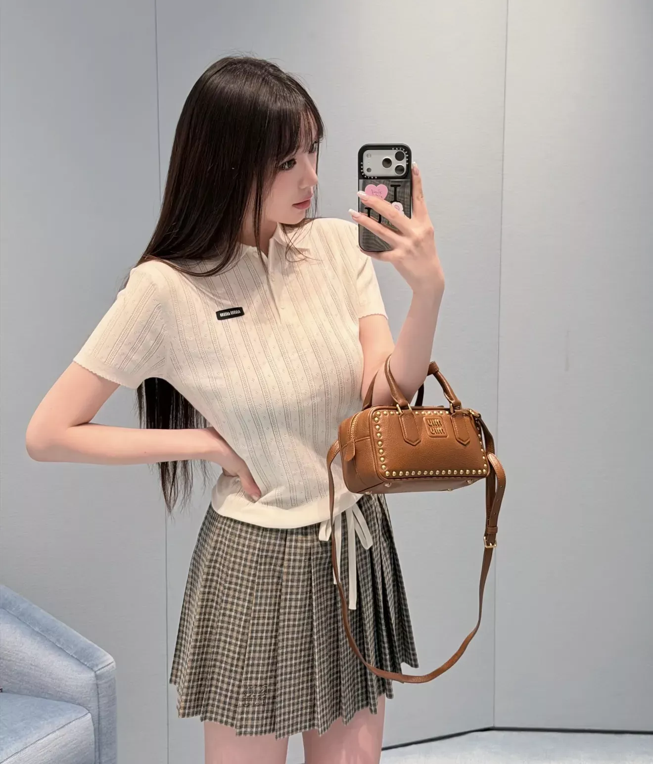 미우미우 브러시드 체크 플리츠 여성용 미니 스커트 상세 이미지 12