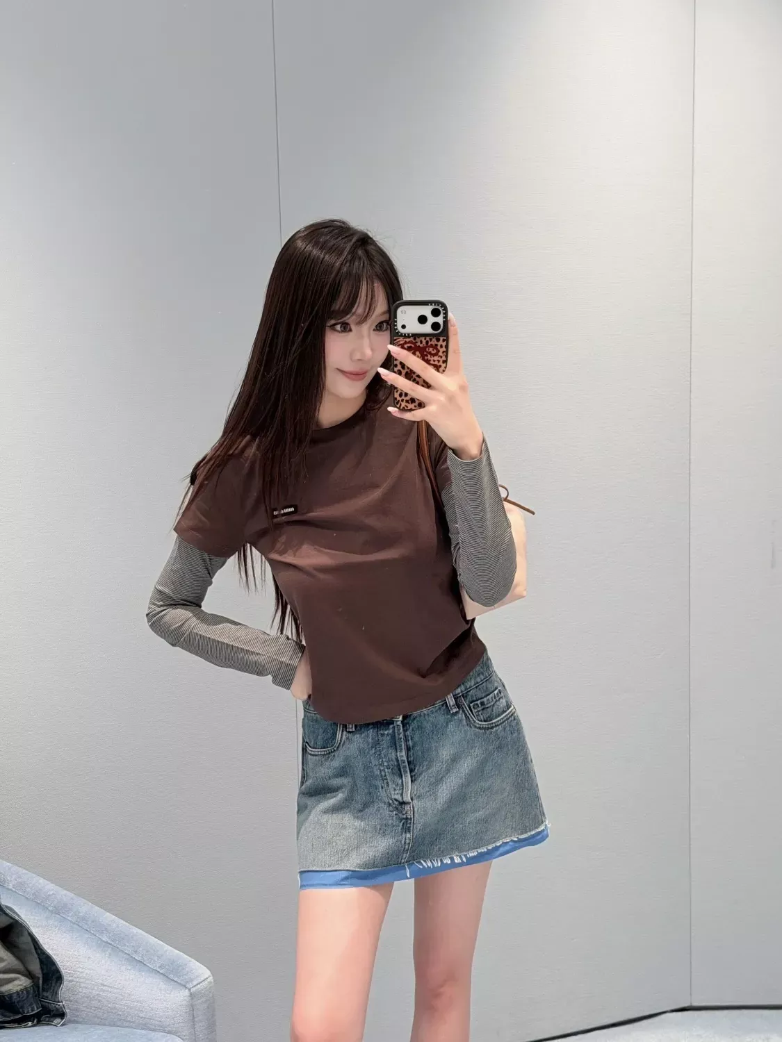 미우미우 레이어드 배색 여성용 긴소매 티셔츠 상세 이미지 24