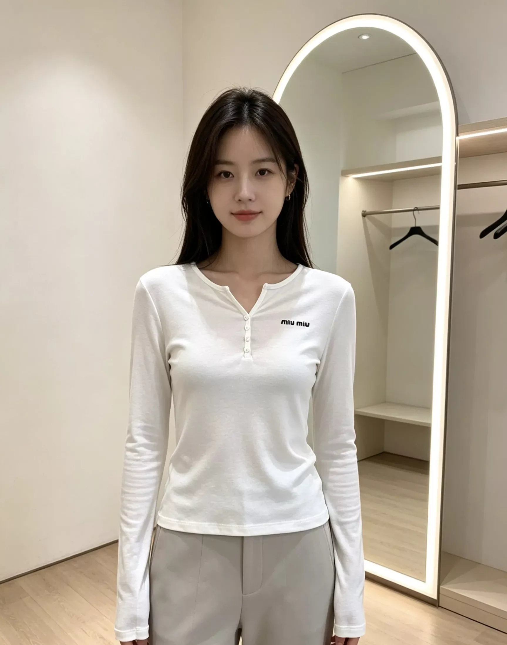 미우미우 헨리넥 슬림핏 여성용 긴소매 티셔츠 상세 이미지 25