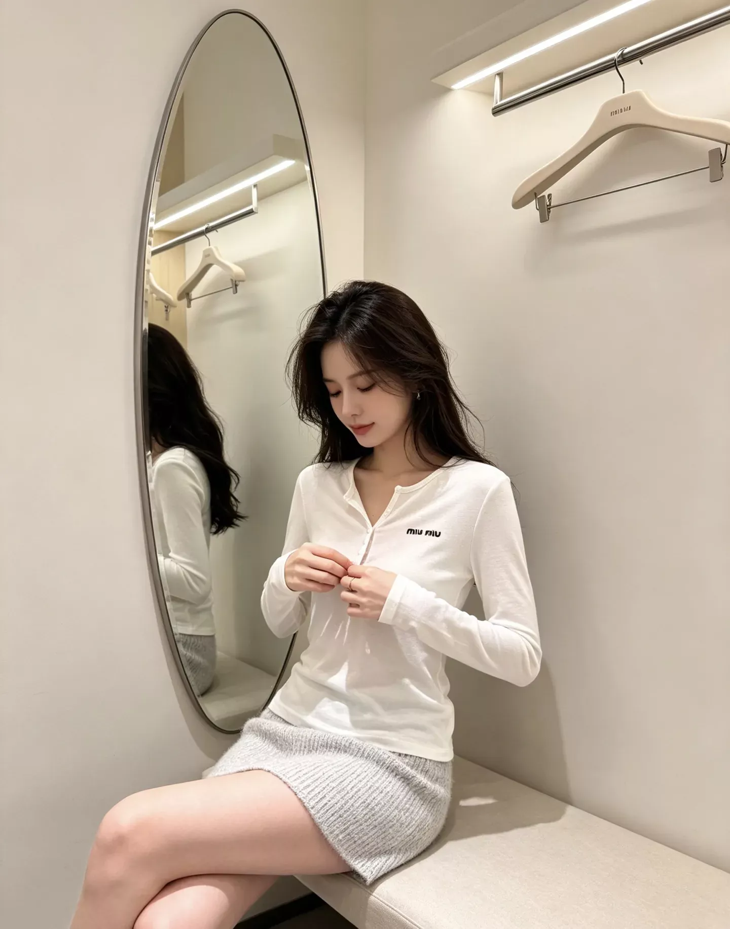 미우미우 헨리넥 슬림핏 여성용 긴소매 티셔츠 상세 이미지 27