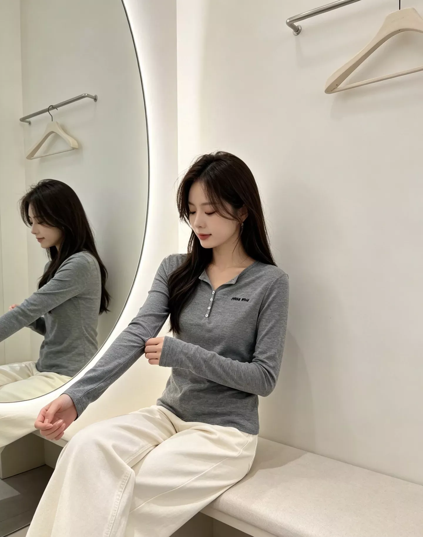 미우미우 헨리넥 슬림핏 여성용 긴소매 티셔츠 상세 이미지 30