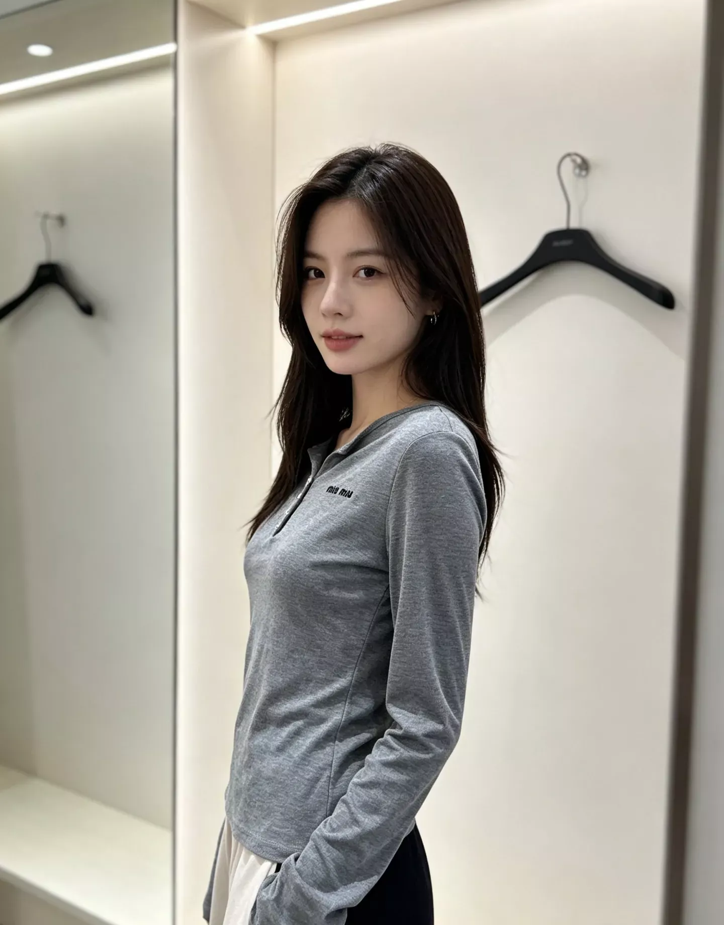 미우미우 헨리넥 슬림핏 여성용 긴소매 티셔츠 상세 이미지 31