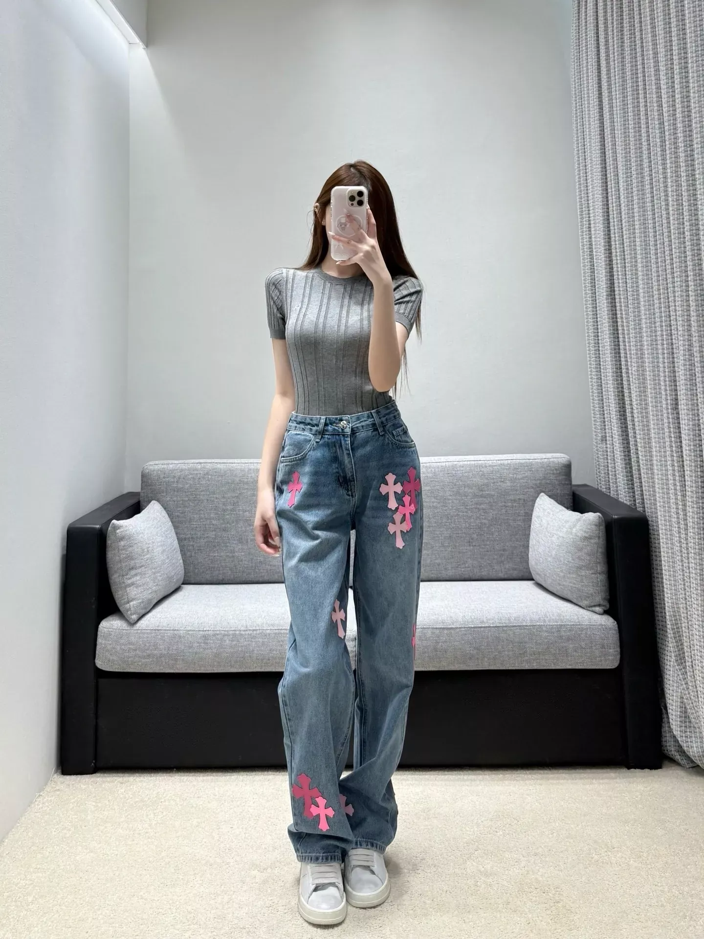 크롬하츠 십자가 가죽 패치 여성용 데님 팬츠 상세 이미지 11