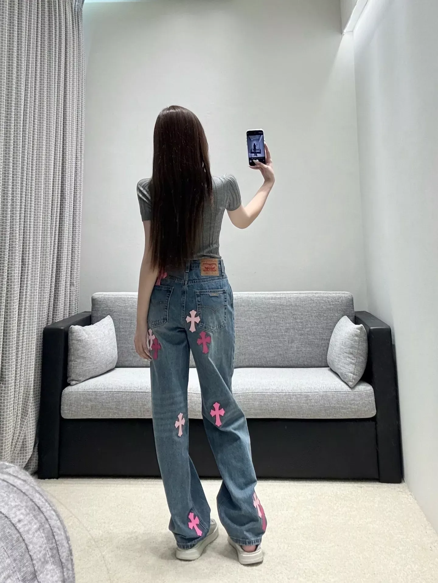 크롬하츠 십자가 가죽 패치 여성용 데님 팬츠 상세 이미지 16