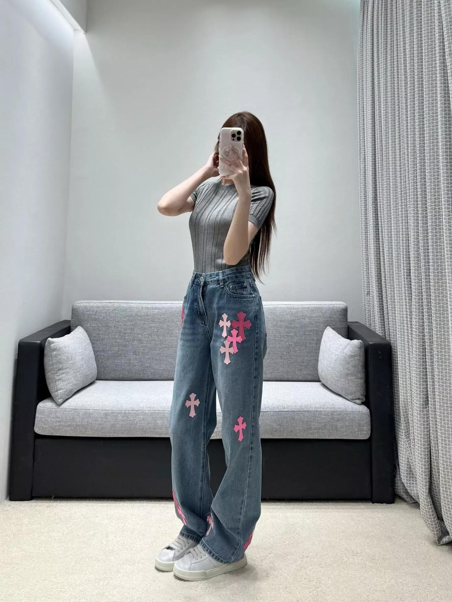 크롬하츠 십자가 가죽 패치 여성용 데님 팬츠 상세 이미지 18