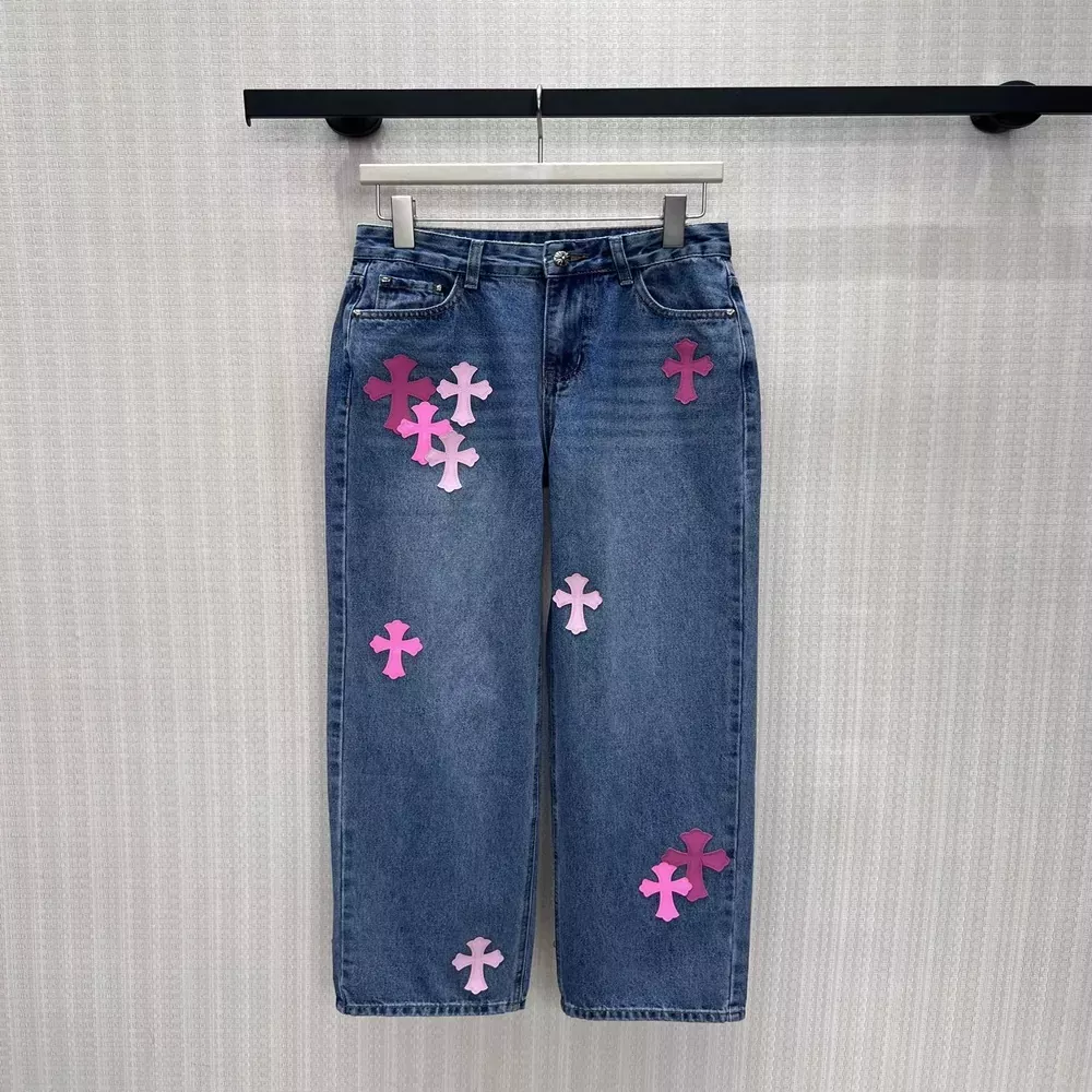 크롬하츠 십자가 가죽 패치 여성용 데님 팬츠