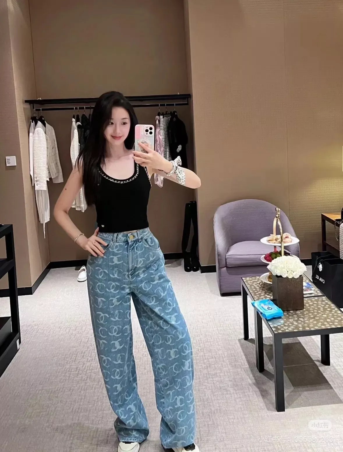 샤넬 자카드 하이웨이스트 여성용 데님 팬츠 상세 이미지 33