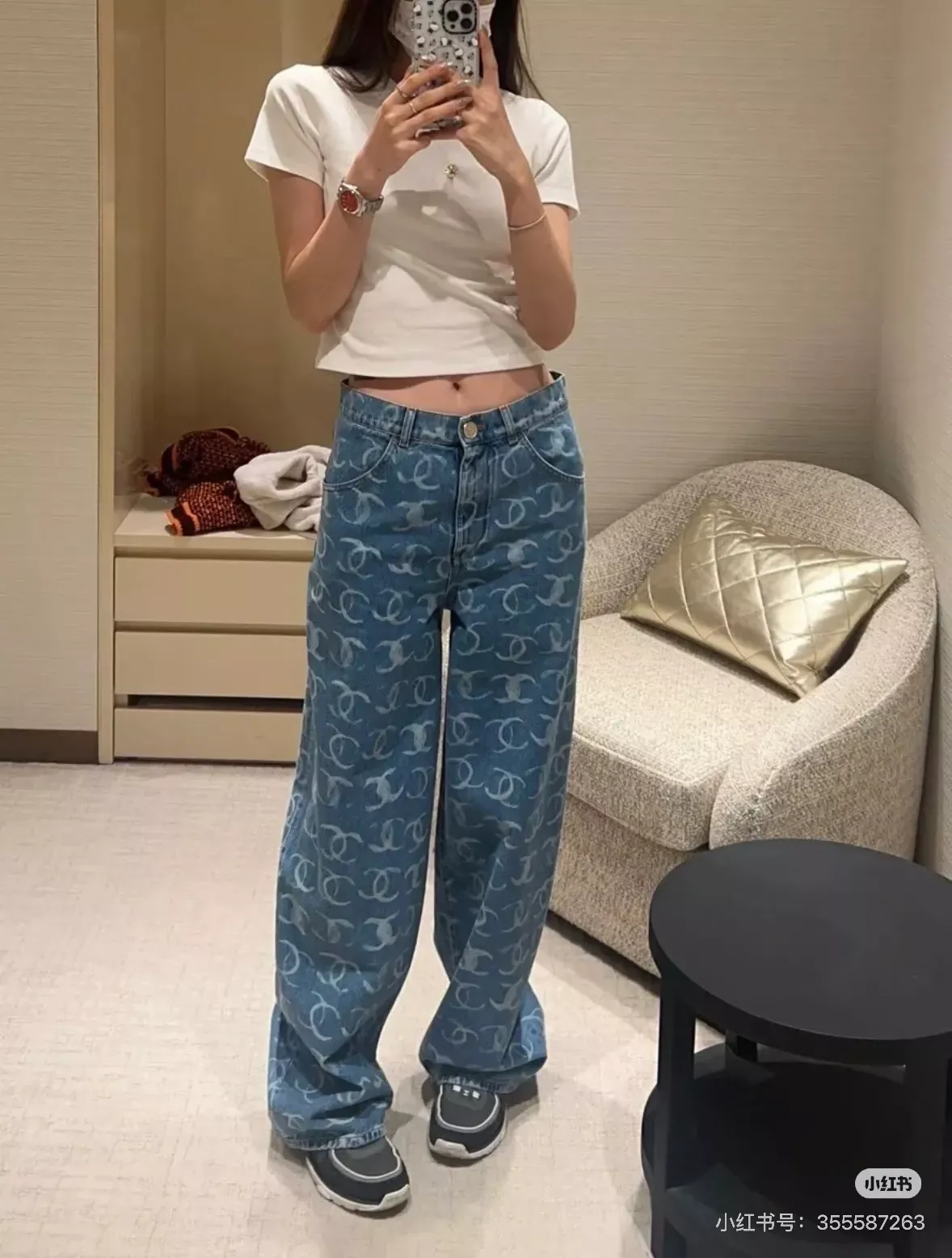 샤넬 자카드 하이웨이스트 여성용 데님 팬츠 상세 이미지 35