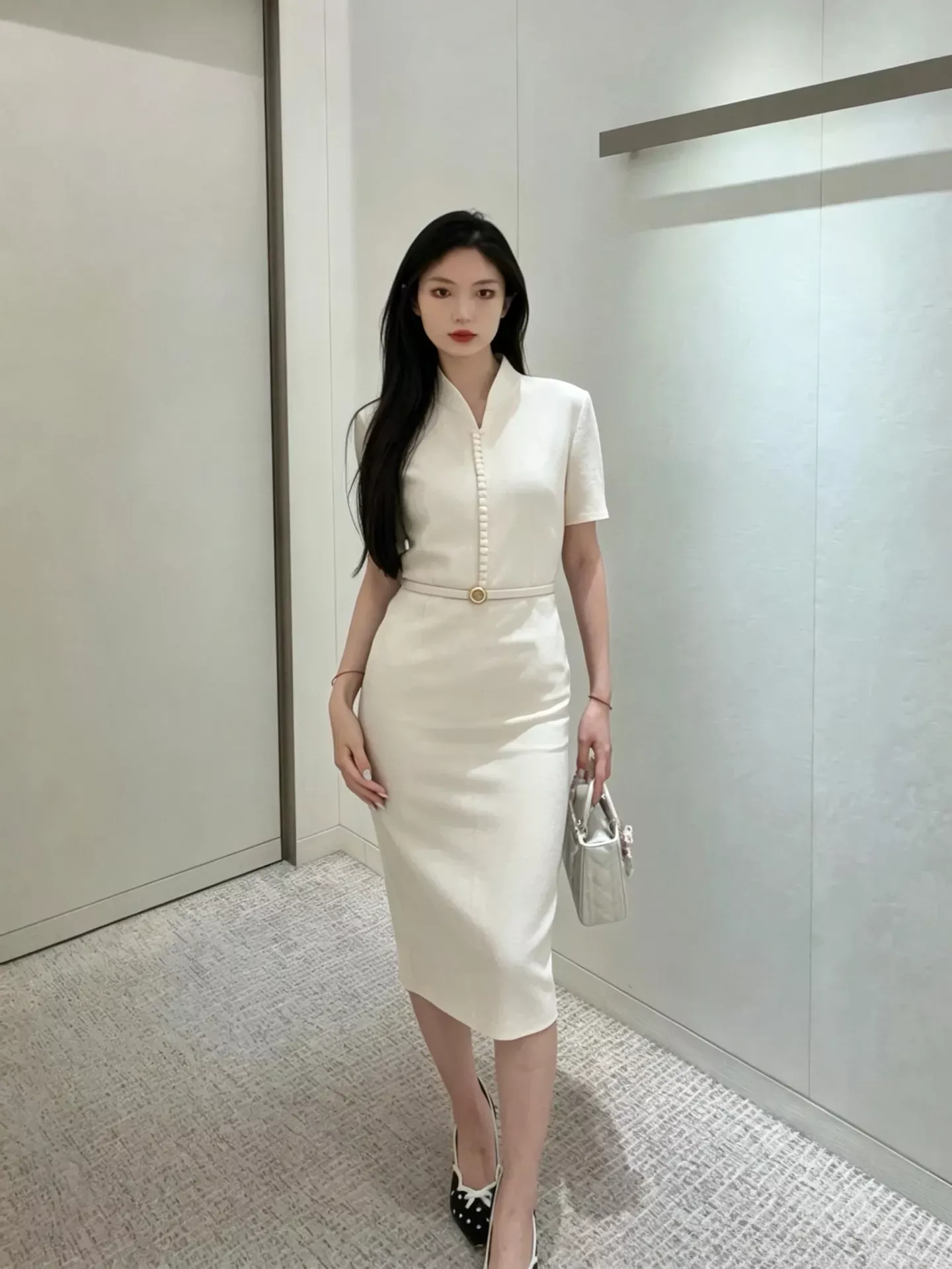 디올 브이넥 벨트 반소매 여성용 원피스 상세 이미지 16