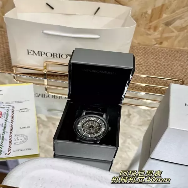 아르마니 40mm 스틸 남성용 가죽 시계