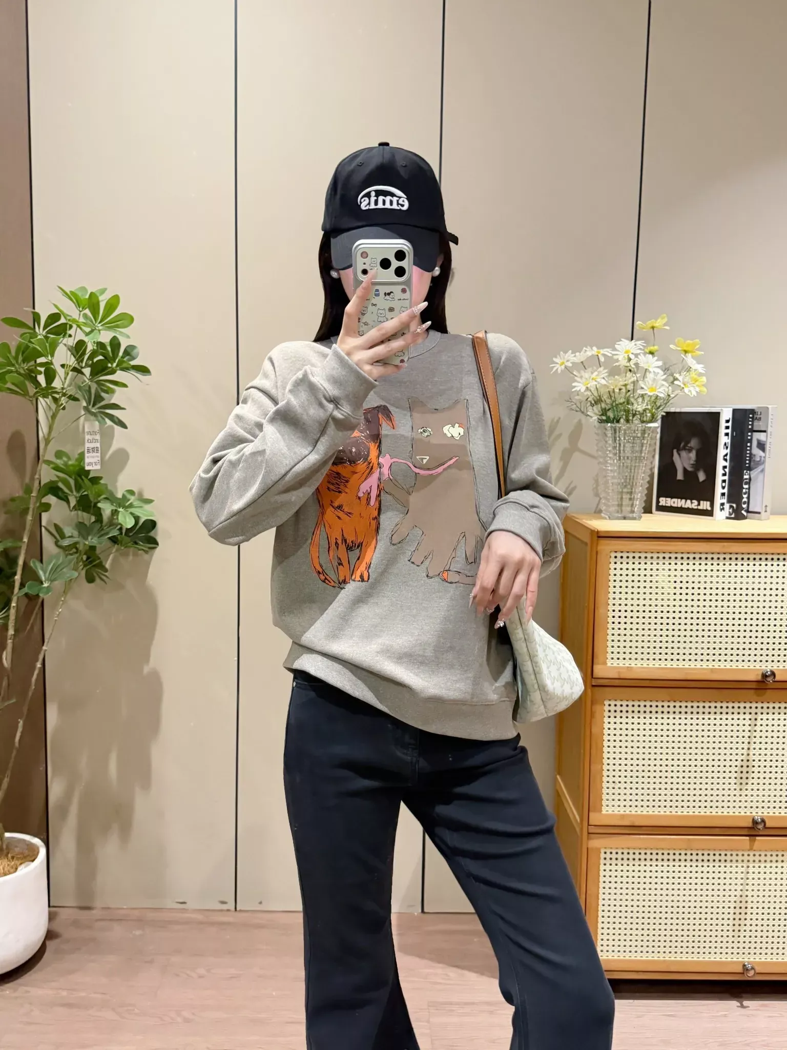 제이엔비와이 핸드드로잉 캣독 프린트 여성용 맨투맨 티셔츠 상세 이미지 30