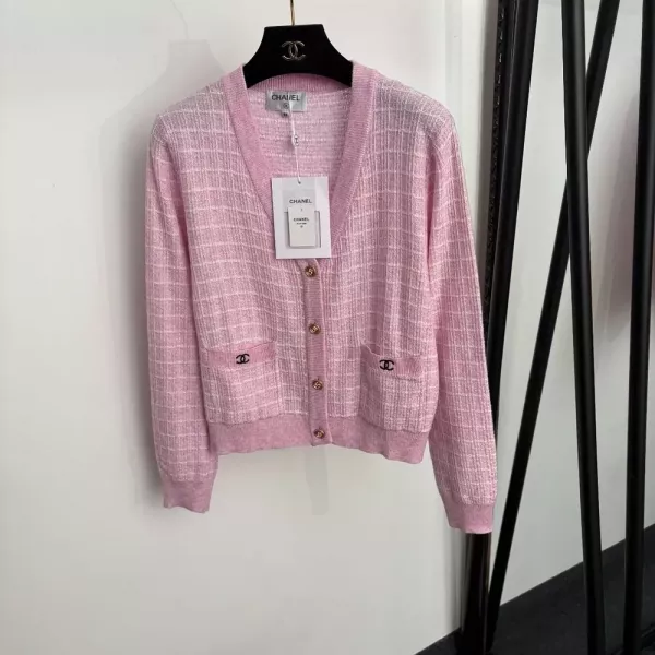 샤넬 체크 울 브이넥 여성용 긴소매 가디건