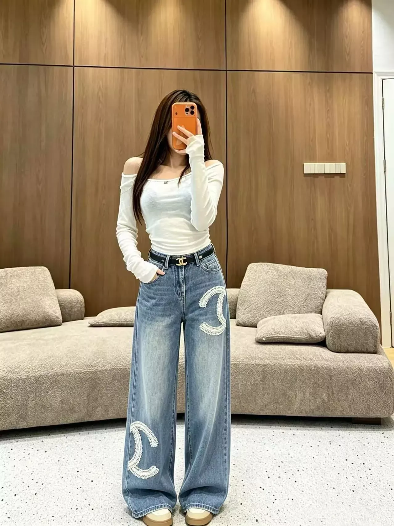 샤넬 더블 C 자수 하이웨이스트 여성용 데님 팬츠 상세 이미지 10