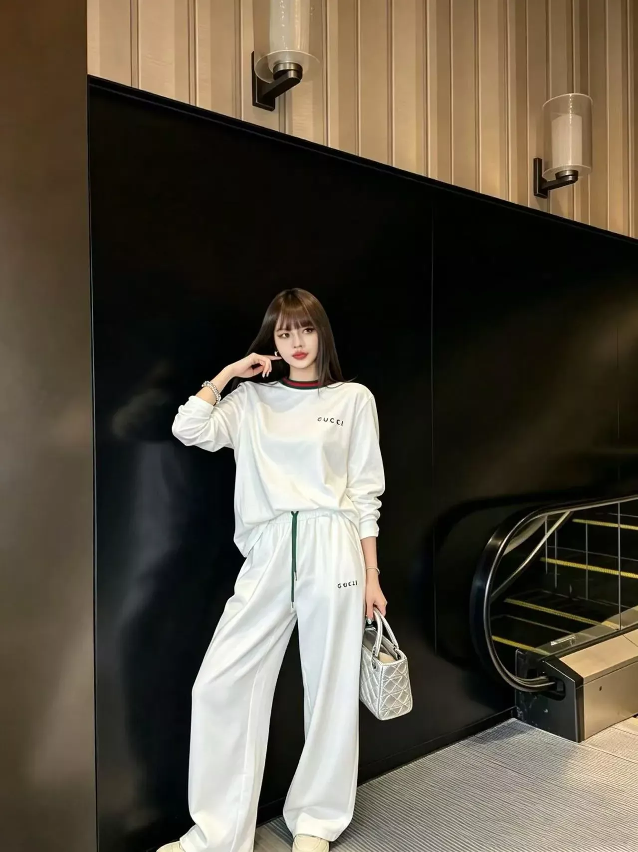 구찌 자수 배색 리브 여성용 상하의 세트 상세 이미지 30