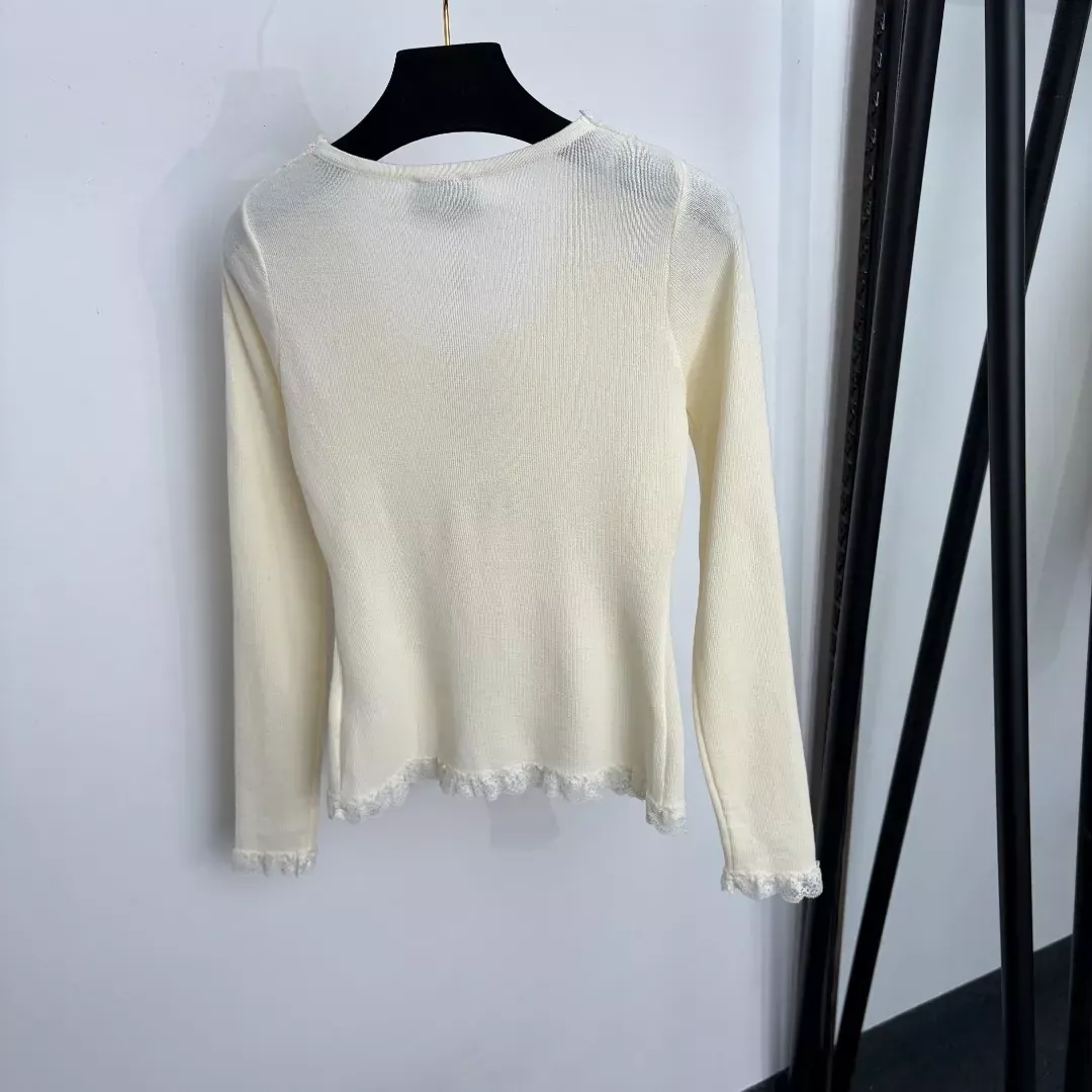 샤넬 로고 자수 레이스 브이넥 여성용 긴소매 니트 상세 이미지 13