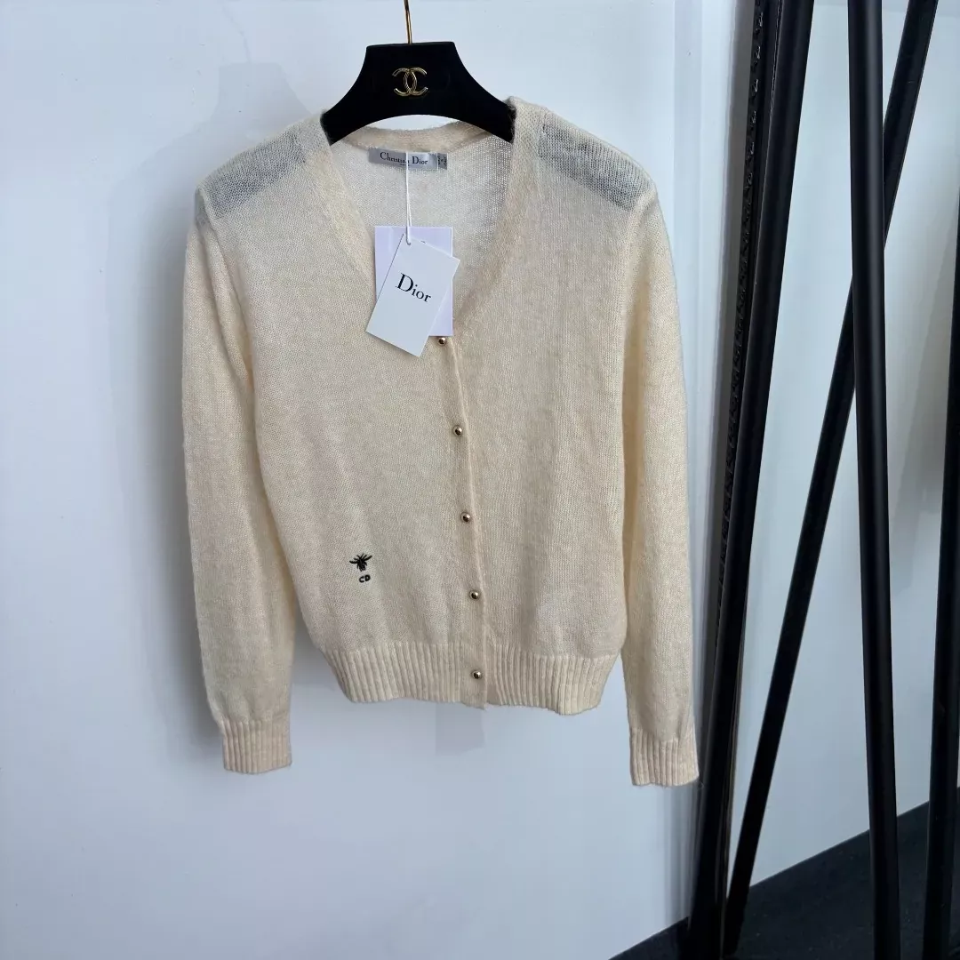 디올 벌 자수 브이넥 여성용 긴소매 가디건 상세 이미지 1