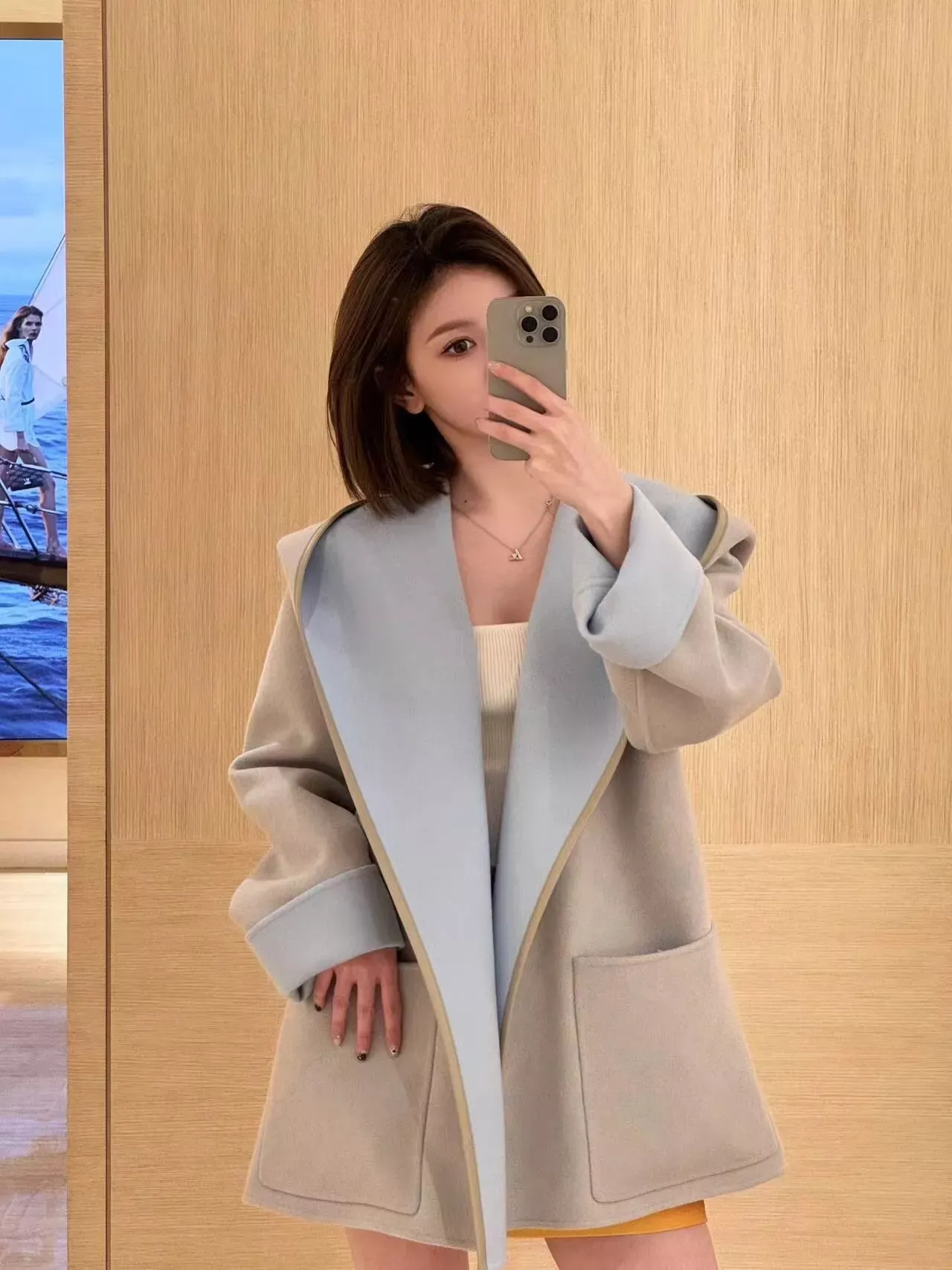 루이비통 랩 스타일 후드 여성용 쇼트 코트 상세 이미지 17