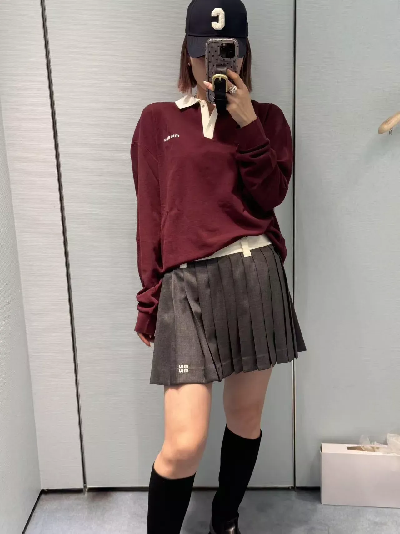 미우미우 배색 화이트 칼라 긴소매 남녀공용 긴소매 티셔츠 상세 이미지 23