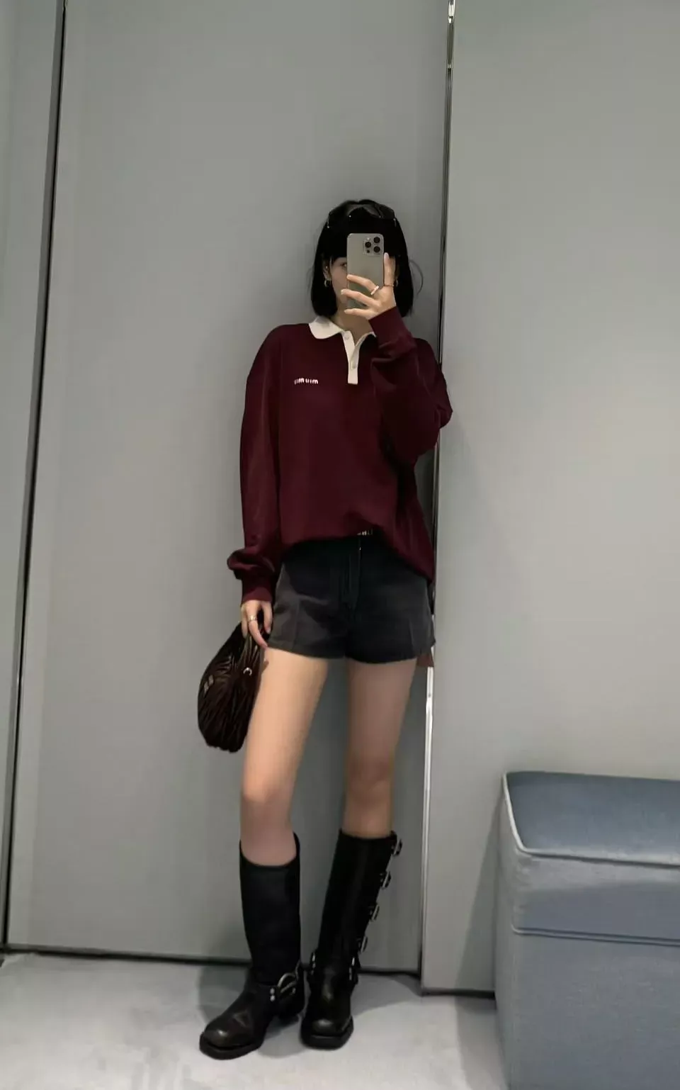 미우미우 배색 화이트 칼라 긴소매 남녀공용 긴소매 티셔츠 상세 이미지 25