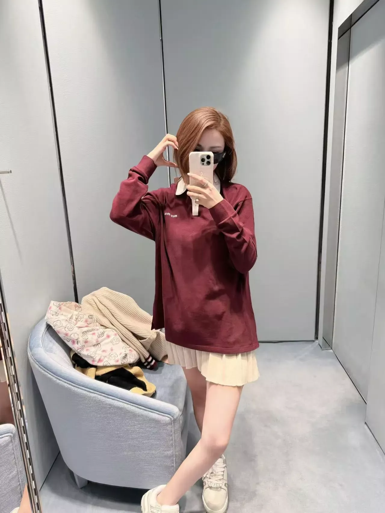 미우미우 배색 화이트 칼라 긴소매 남녀공용 긴소매 티셔츠 상세 이미지 26